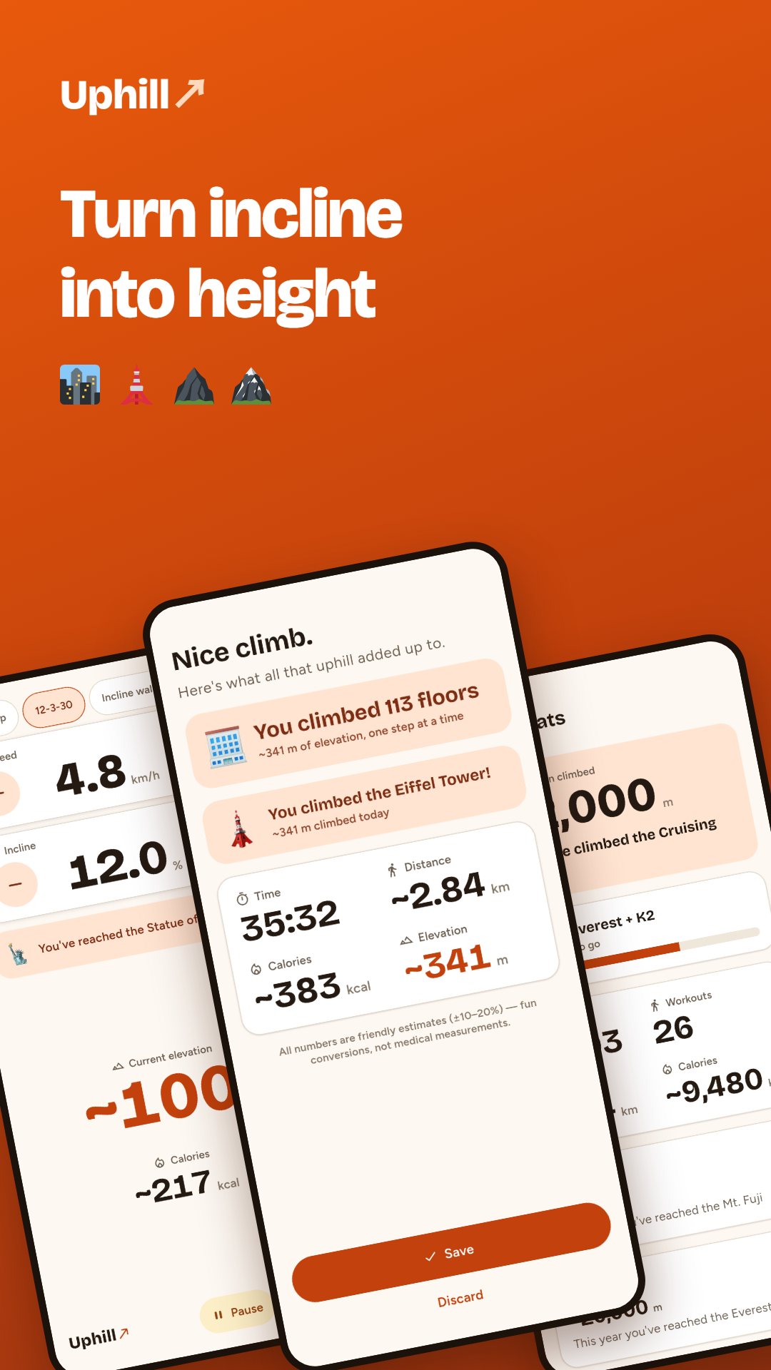Uphill screens: live workout, summary, and cumulative stats
