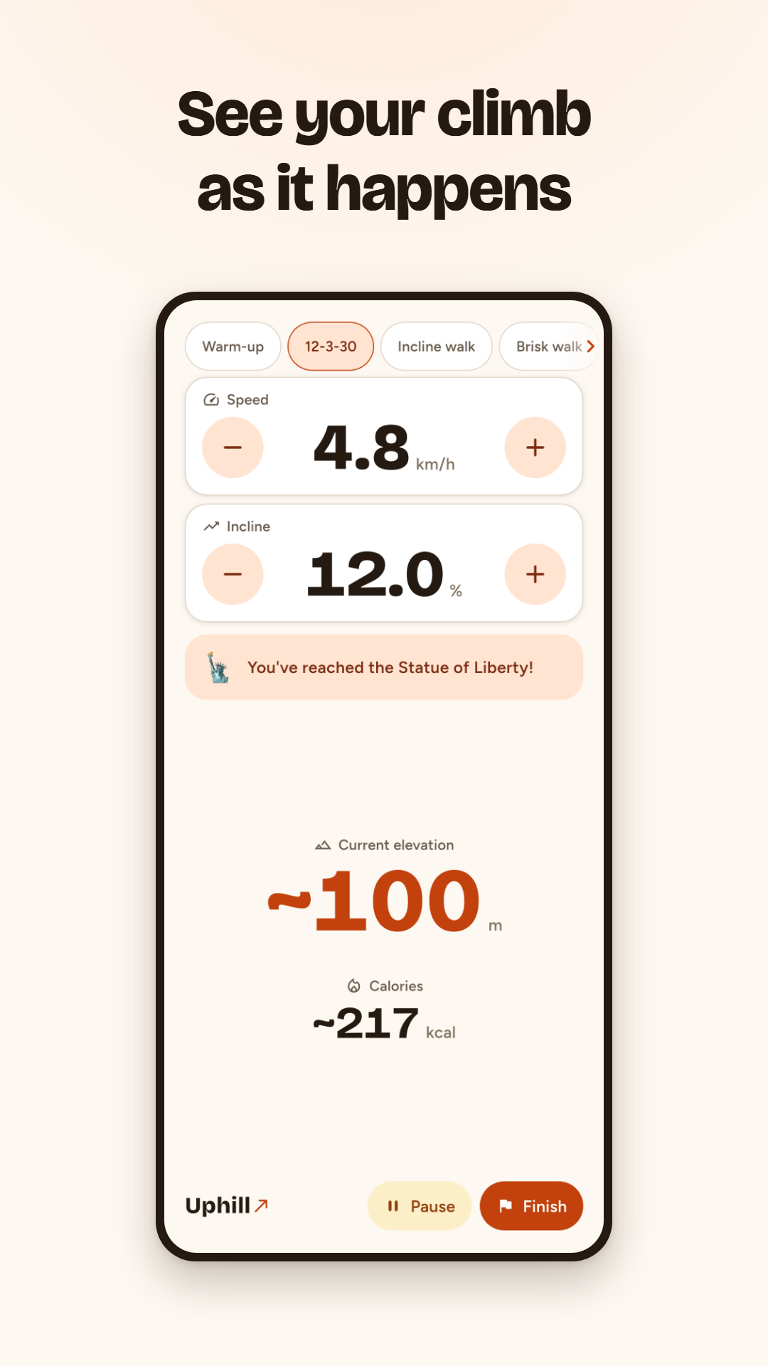 Live workout screen showing speed, incline, elevation, and calories
