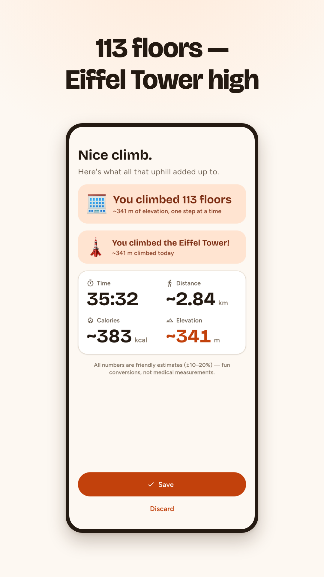 Workout summary showing 113 floors climbed and an Eiffel Tower landmark message